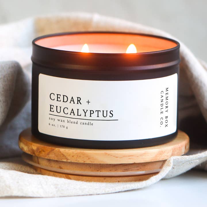 Cedar + Eucalyptus - 6 oz. Matte Black Soy Candle Tin for wholesale by Memory Box Candle Co.