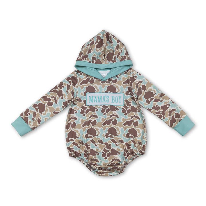 Long sleeves Mama's boy mint camo baby hoodied romper for wholesale by Yawoo Garments