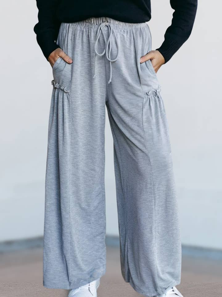 Frilled Detail Wide Leg High Waist Knit Pants | S-XL for wholesale by Aapparella