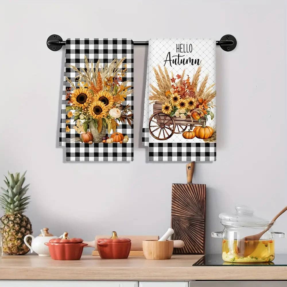 Huis Van Merken - Wholesale Tea Towel - 2pcs Autumn Harvest Kitchen Towels - Ultra Absorbent Microfiber, Sunflower & Pumpkin Design3