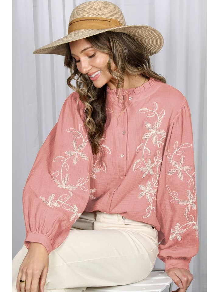 Vine & Love - Wholesale Blouse - Women's - Floral Embroidered Ruffle Neck Bohemian Blouse VT83000
