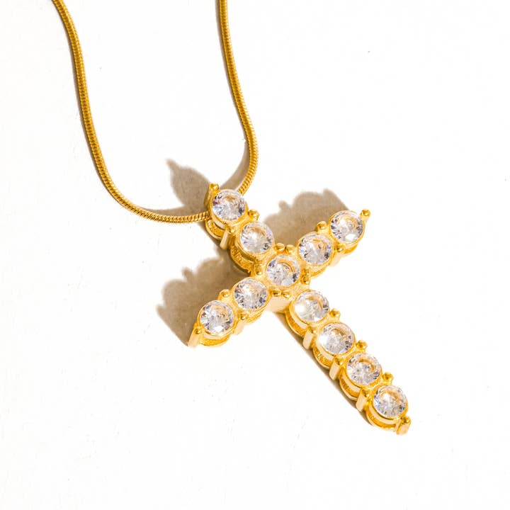 Raeven 18K Gold Non-Tarnish CZ Cross Necklace for wholesale on Faire