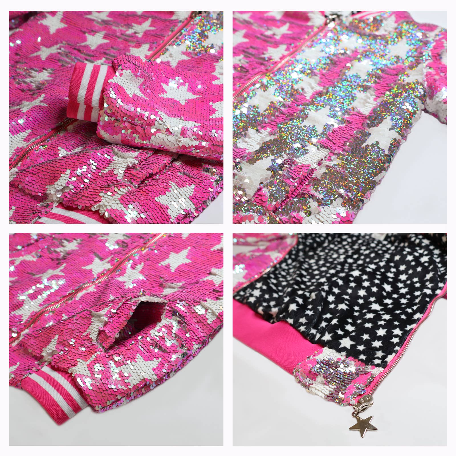Rebelde Planet - Wholesale Bomber Jacket - Kids - Hot Pink with white star sequin bomber jacket3