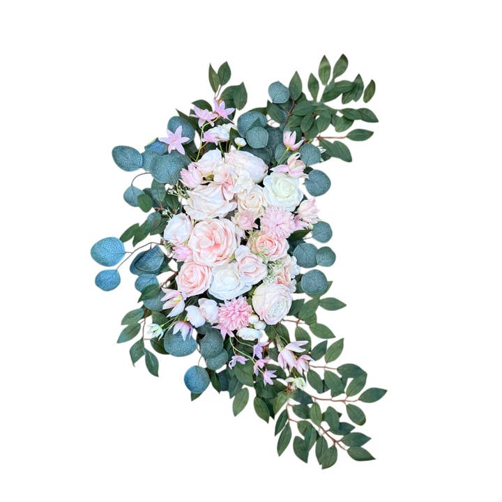 Sun Decorer – wholesale Konstgjorda blommor – Bröllopsbåge Blomstersväng Set – 2-delad konstgjord blomsterarrangemang med rosa & vita rosor, eukalyptus – Elegant evenemangsdekor