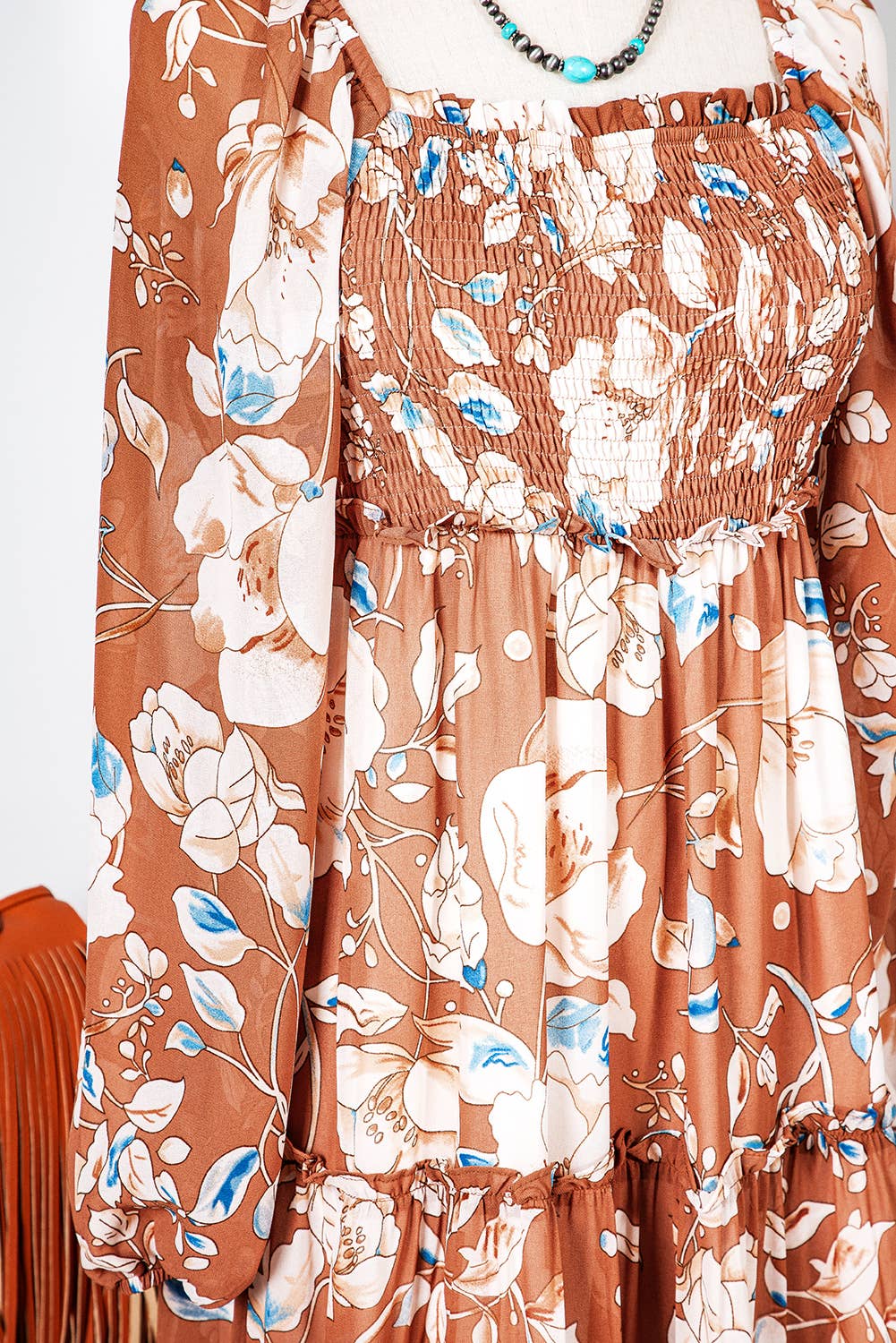 Brown Fashion-W Boho Floral Shirred High Waist Maxi Dress for wholesale on Faire5