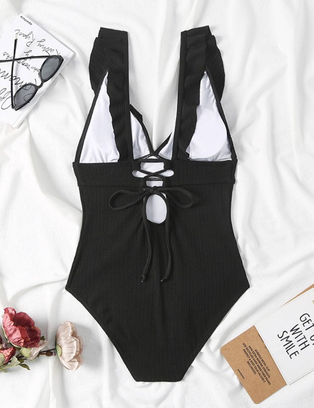 Sweetkama - Wholesale One Piece Swimsuit - Women's - Ladies Rib Ruffle Neck One Piece Swimwear SKSW400797