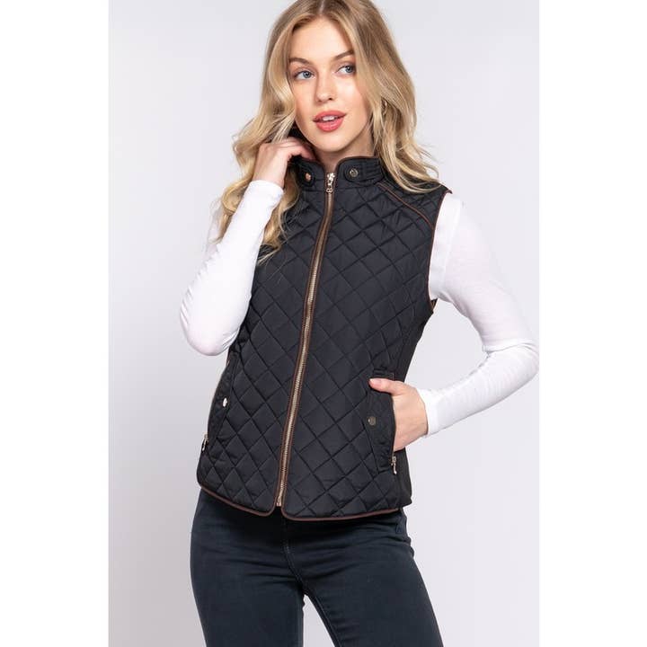 SUEDE PIPING QUILTED ZIPPER PADDING VEST for wholesale by Style Up