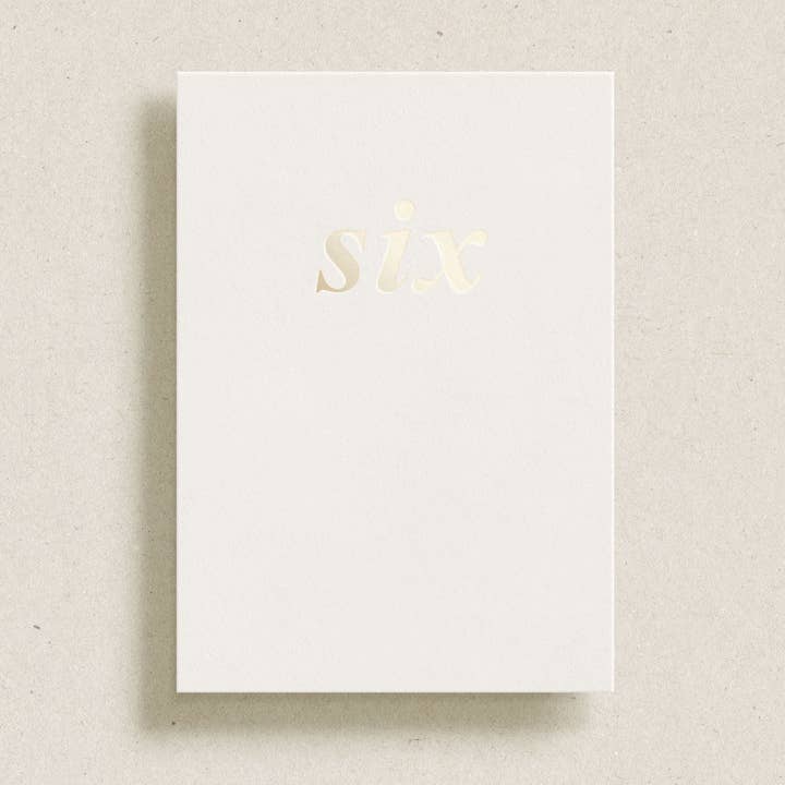 'six' gold foil greeting card for wholesale by Gardners Road