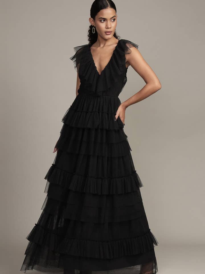 Maxi abito Alexandra in tulle nero per la vendita all'ingrosso da parte di Lace & Beads