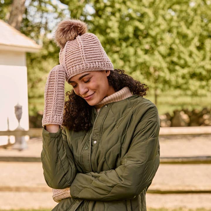 Brecken Tan/Rose Crochet Mittens for wholesale by By Many Hands