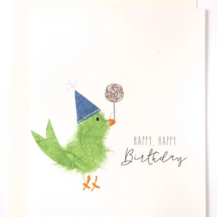 FLAUNT HANDMADE CORRESPONDENCES - Wholesale Verjaardagskaartje - „Happy, Happy Birthday” Groene vogel met Lolly
