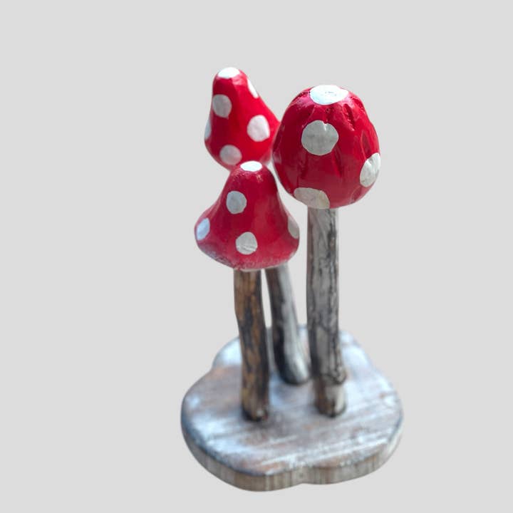 Wooden 3  Mushrooms Statue Red – Handcrafted Whimsical Decor for wholesale by OMA - Eclectic Home