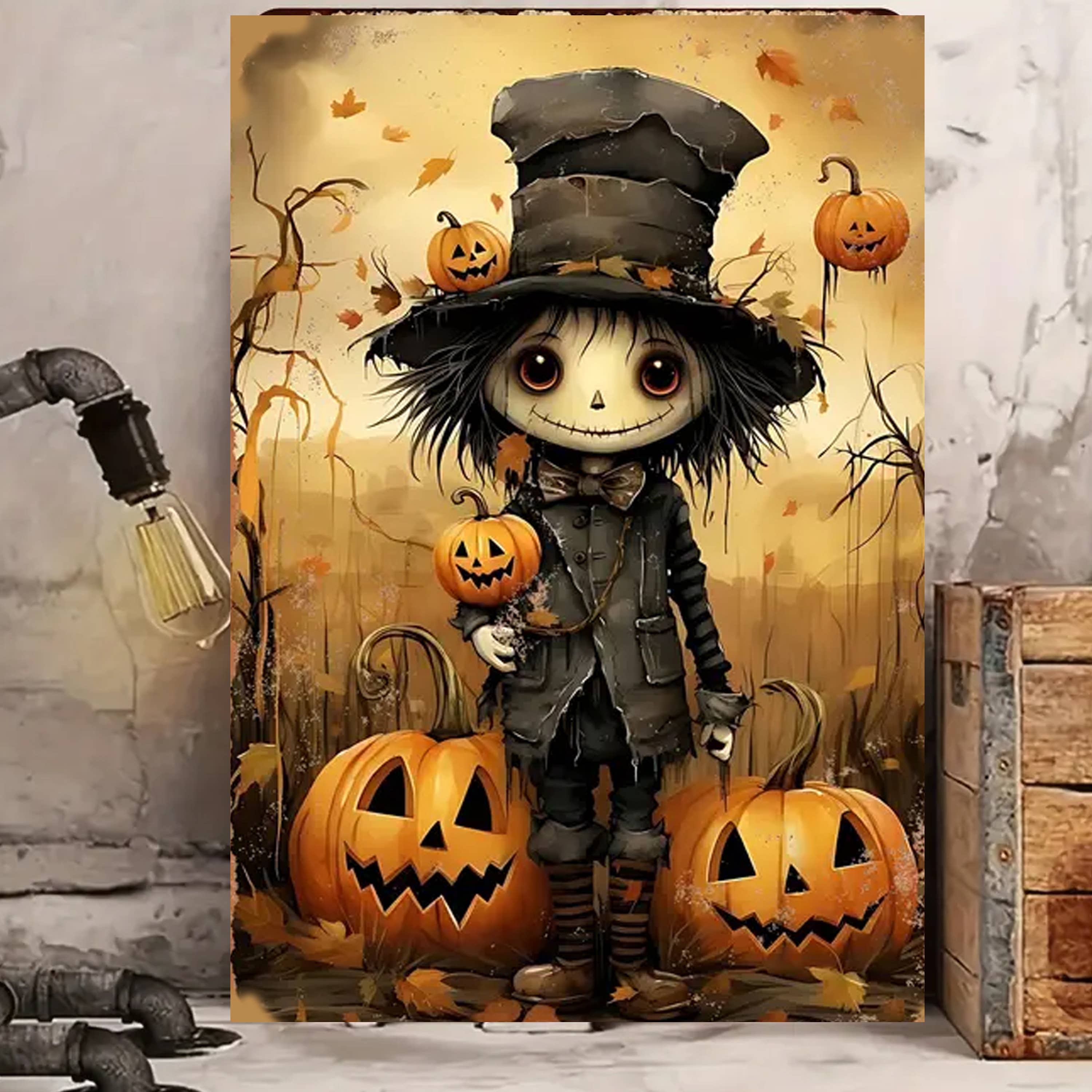 Bad Bunny Designs - Wholesale Art Print - Cute Scarecrow with Jack-O Lantern Metal Sign


            1