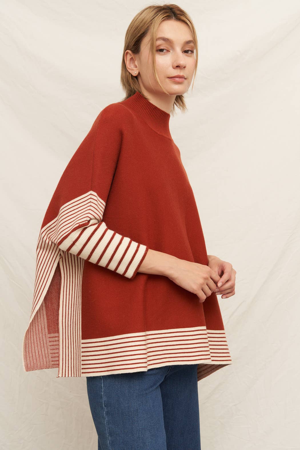 Rust Oversized Striped Knit Cape Sweater  for wholesale on Faire3