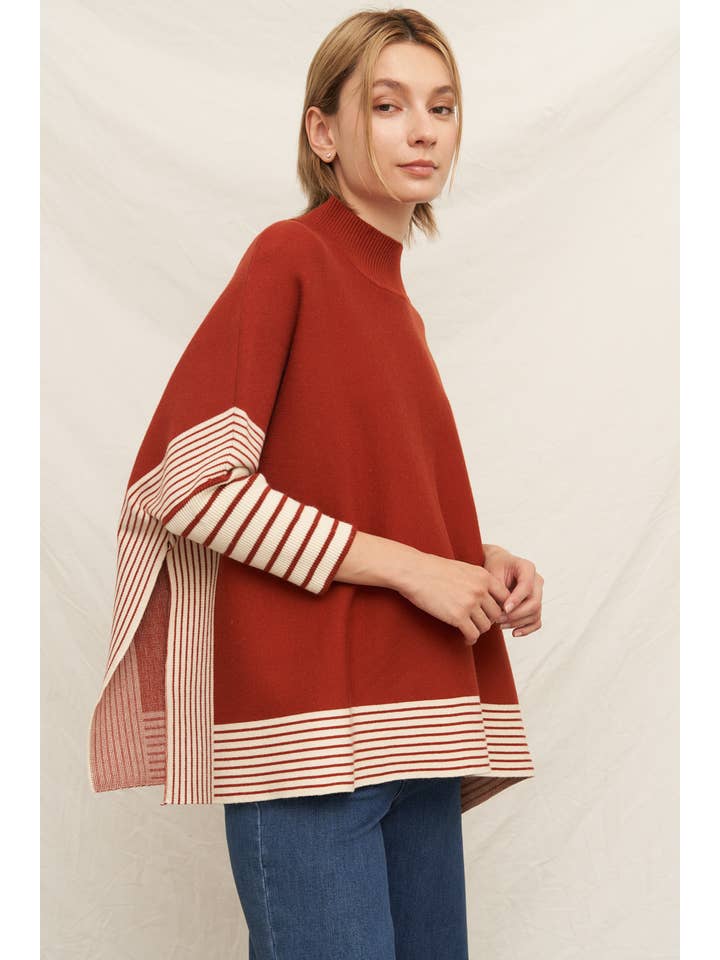 Rust Oversized Striped Knit Cape Sweater for wholesale on Faire3