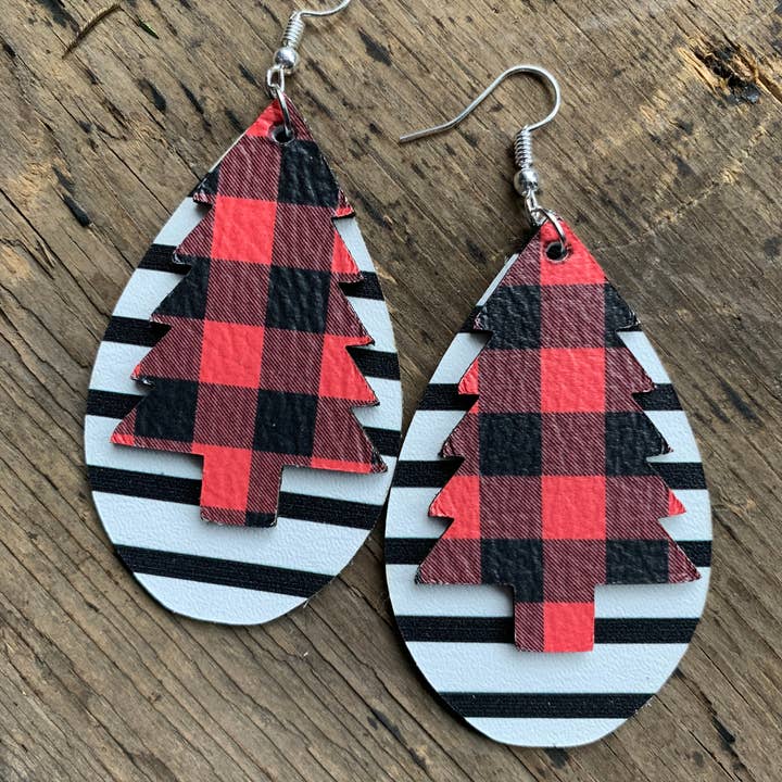 Buffalo Plaid Christmas Tree Leather Earrings with Stripes for wholesale by Jill's Jewels