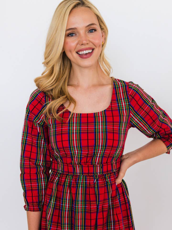 Vermelho Vestido Midi com Camadas e Mangas Bufantes 3/4 Xadrez Vermelho Nicholas para Mulher para venda a revendedores na Faire1