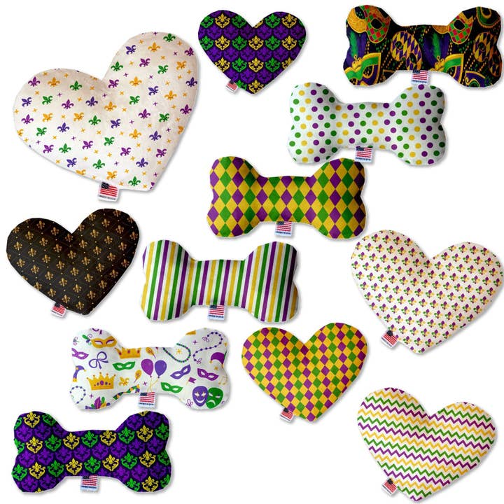Pet and Dog Plush Heart or Bone Toy, "Mardi Gras Group" for wholesale by American Leashworks