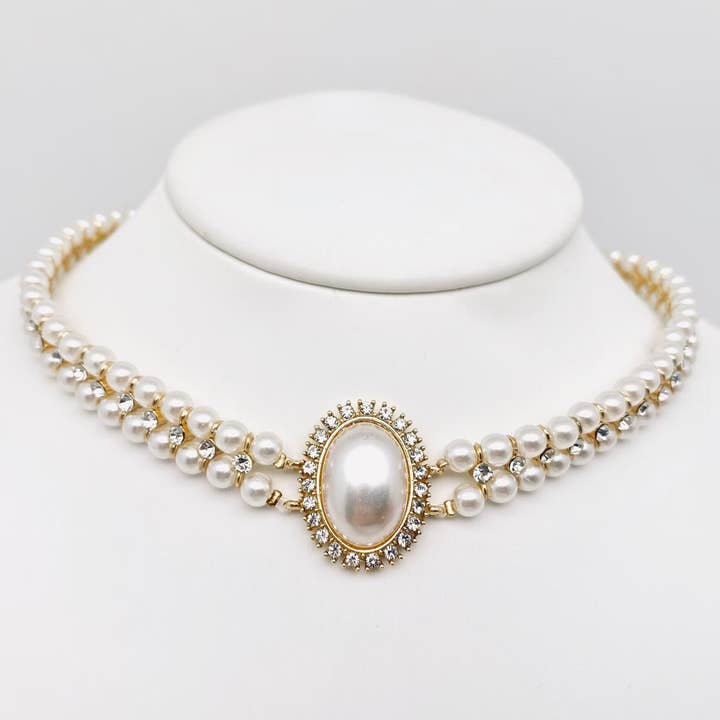 Oval Charm Double Layer Pearl Rhinestone Choker Necklace for wholesale by Mio Queena