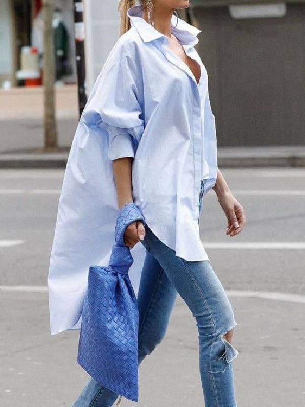 Sheer Trend - Wholesale Button Down Shirt - Women's - Urban Long Sleeves High-Low Solid Color Lapel Blouse Top