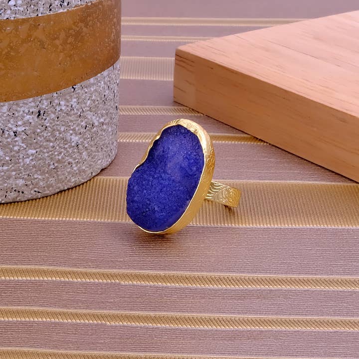 Ink Blue Druzy Oval Gold Plated Textured Adjustable Ring and other Purchase Wholesale druzy ring. Free Returns & Net 60 Terms on Faire trending on Faire.