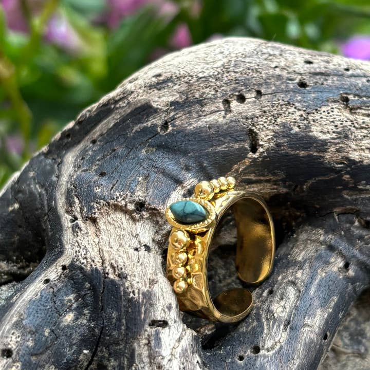 Ocean Ripples - Vente Bague de cocktail/de cérémonie - Bague réglable en turquoise africaine plaquée or 18 carats2