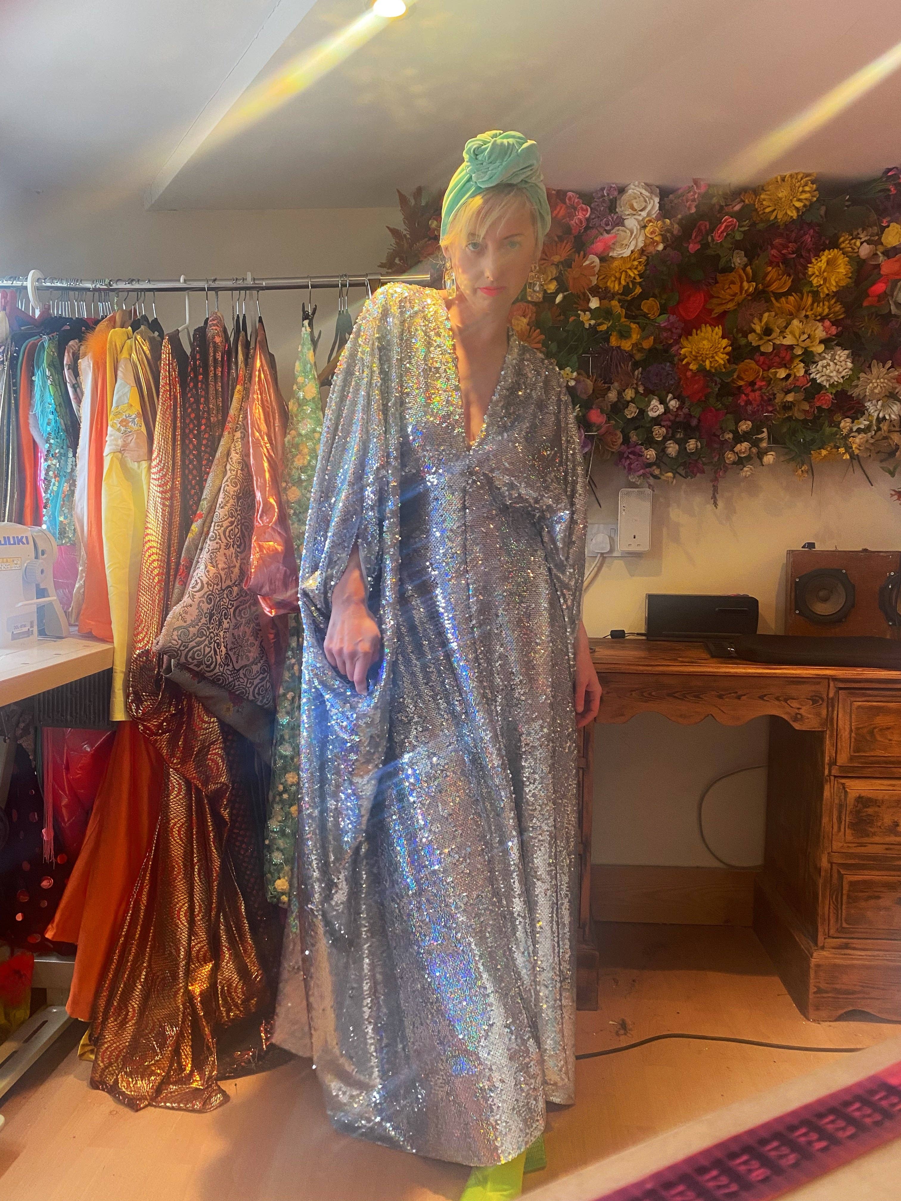 Fumbalinas – wholesale Kaftan – Women's – Silver Metallic Holographic/  Sequin Kaftan Gown / Dress47