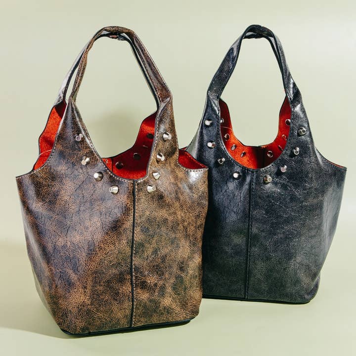 Collections by Fame Accessories - Wholesale Crossbody Bag - Women's - Weathered Leather And Studs Bucket Bag