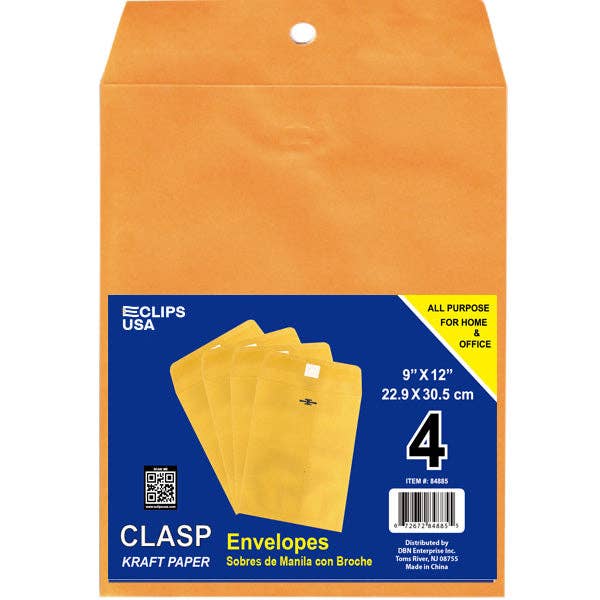 Kraft Clasp Envelopes 9x12 in, 4 Pack – 48 Units for wholesale by Eclips USA