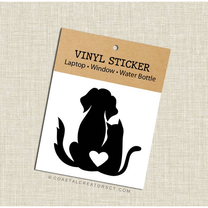Dog Cat Heart Black Vinyl Laptop Transfer Sticker (Packaged) for wholesale by Coastal Creators of Connecticut