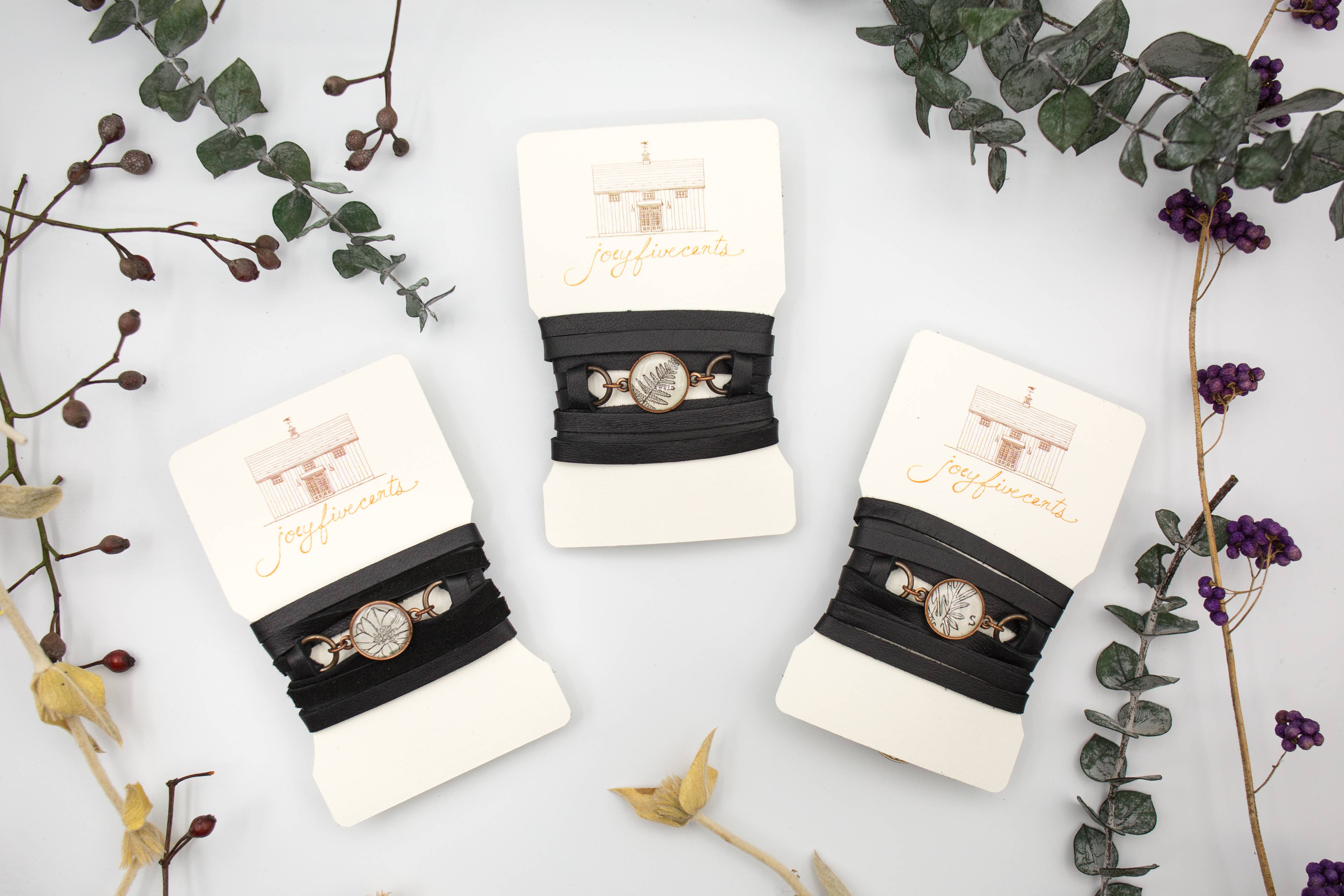 joeyfivecents - Wholesale Woven/Braided Bracelet - Leather Wrap Bracelet- b&w botanical, spring vibes, choker1