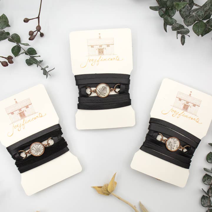 joeyfivecents - Wholesale Woven/Braided Bracelet - Leather Wrap Bracelet- b&w botanical, spring vibes, choker1