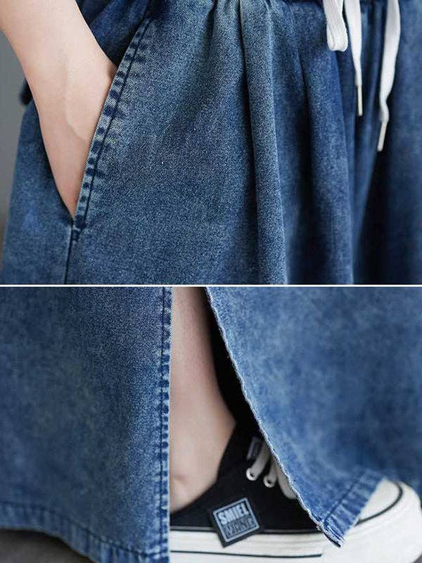 BLUE Loose Wide Leg Drawstring Split-Side Jean Pants Bottoms Trousers for wholesale on Faire7