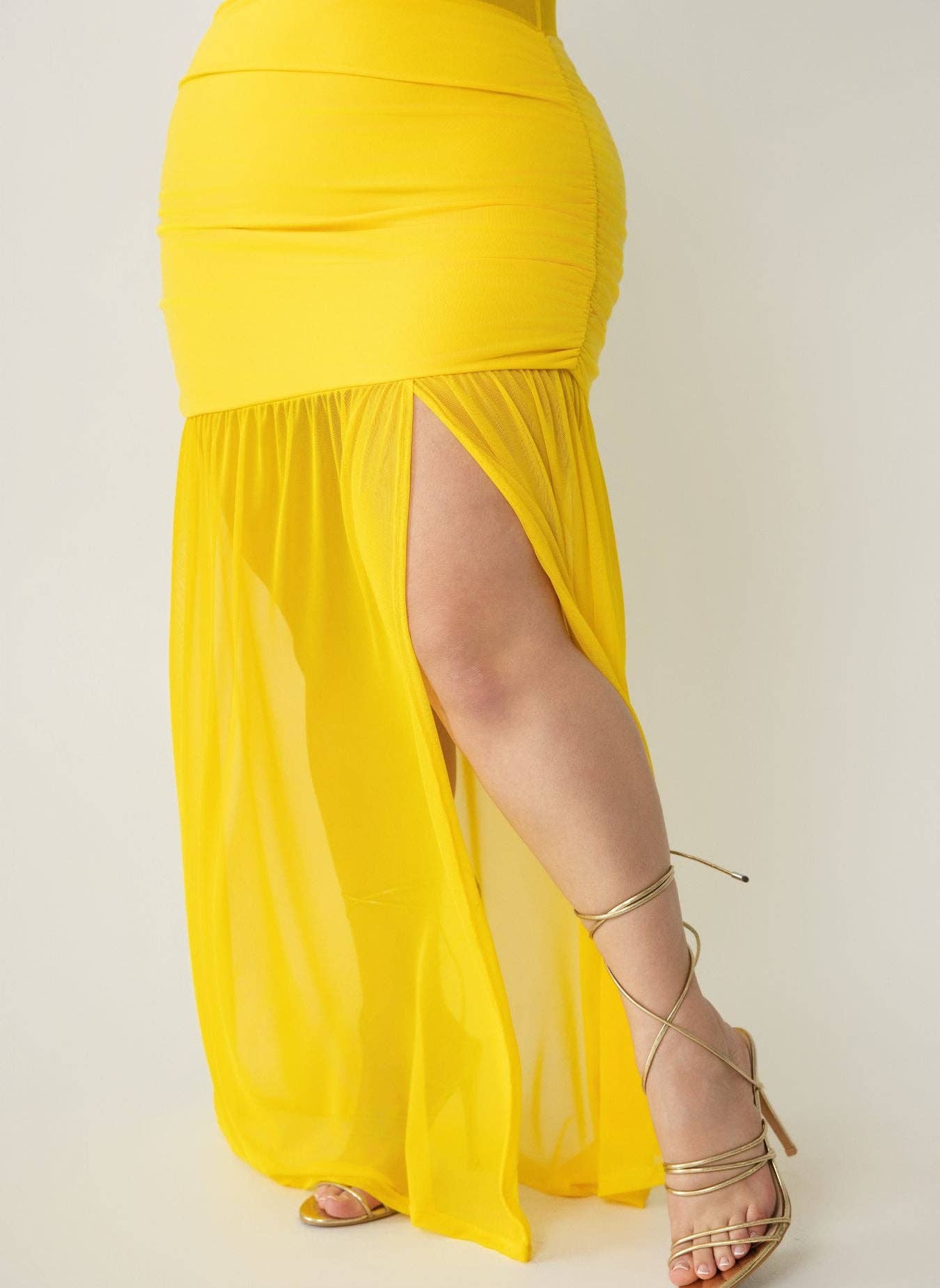 Yellow Malia Halter Mesh Ruched Maxi Dress for wholesale on Faire4