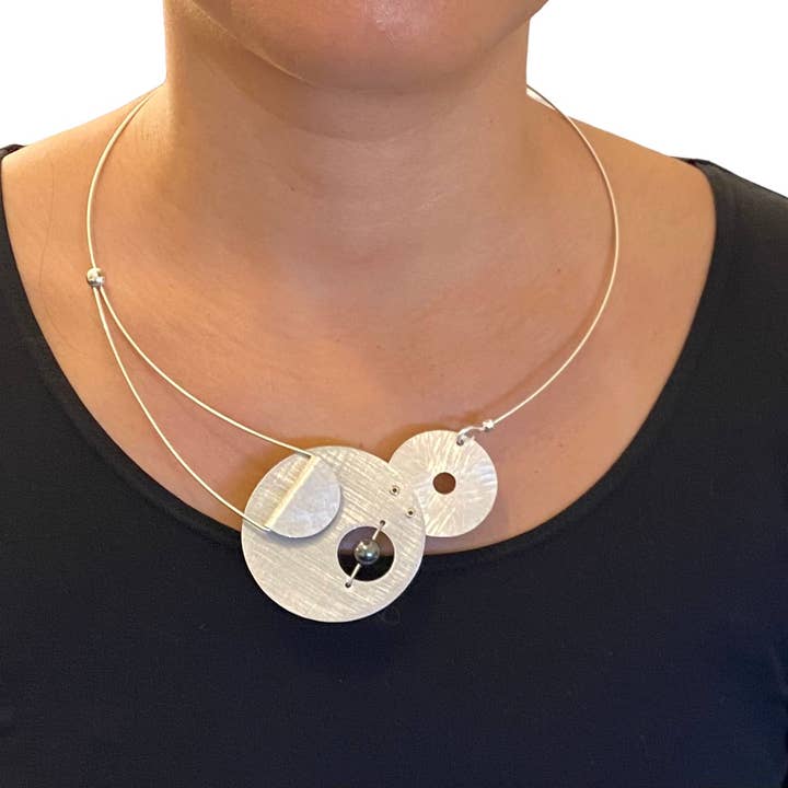 AXIS 2 Small Artistic Metal Statement Necklace with Front Closure from the LIMINAL Collection with Simulated Pearl or Jade option for wholesale by Chick Boss LLC