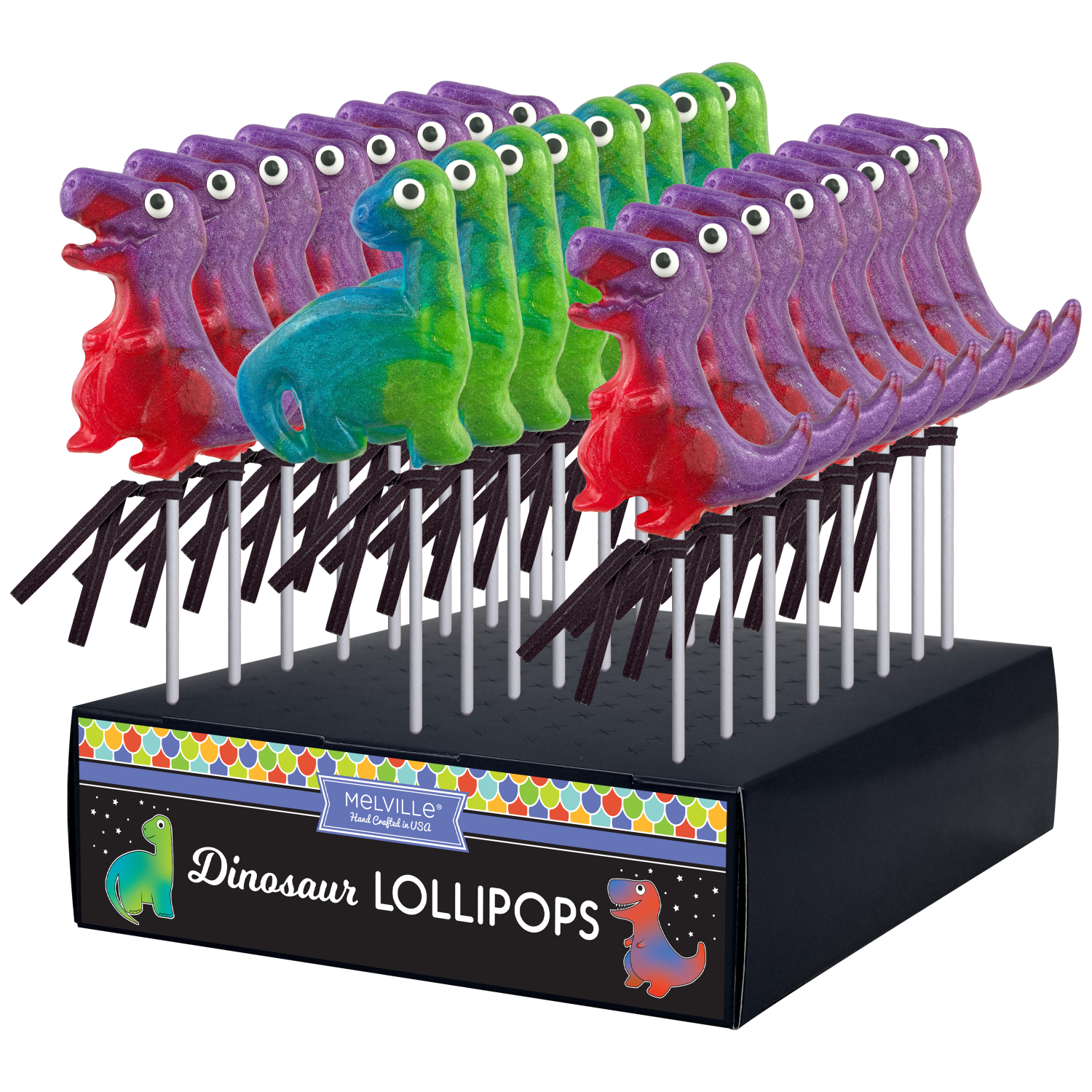 Melville Candy Company - Wholesale Lollipop - Glitter Swirl Dinosaur Lollipops - Assorted1