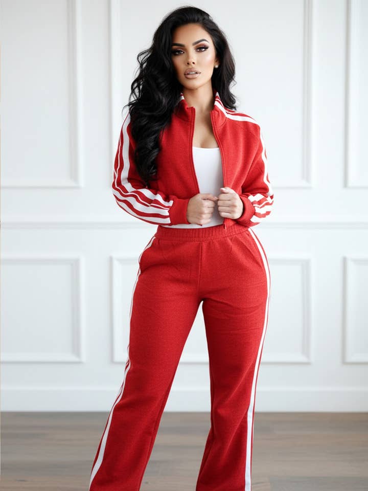 Gestreept Fleece Lounge Set Twee Stuks - Rood/Wit voor wholesale door BJ's Closets