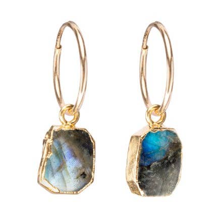 Labradorite Gem Slice Hoop Earrings | Adventure (Gold) for wholesale by Decadorn