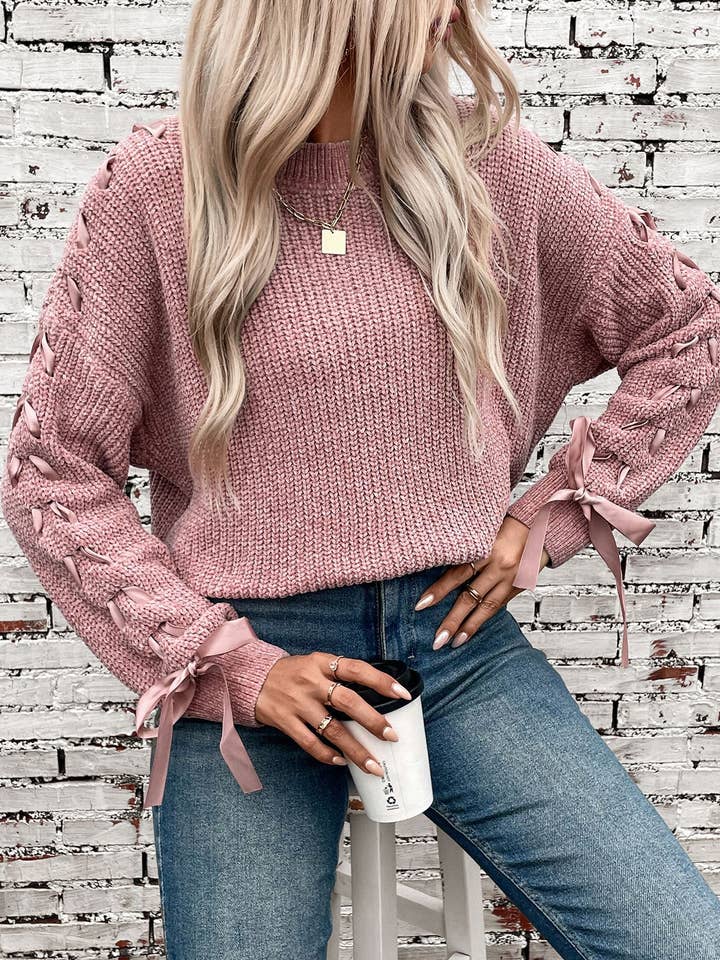 Rosa Clothing - Wholesale Knit Sweater - Women's - Loose-Fitting Casual Lace-Up Long-Sleeved Knit Sweater