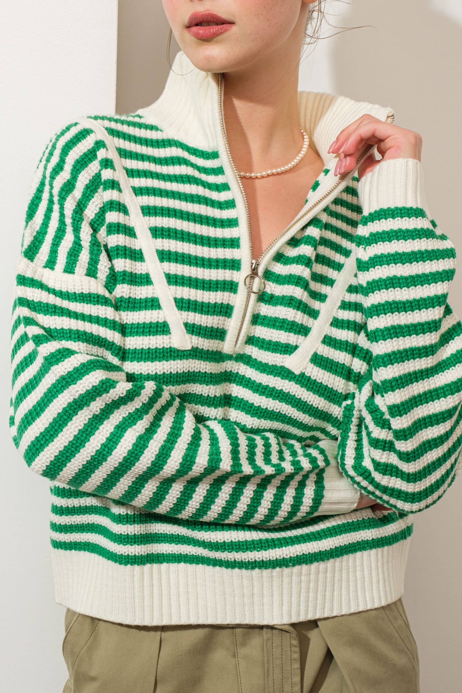 Creamon - Wholesale Knit Sweater - Women's - Preppy Californian Half-zip Striped Sweater-GREEN5