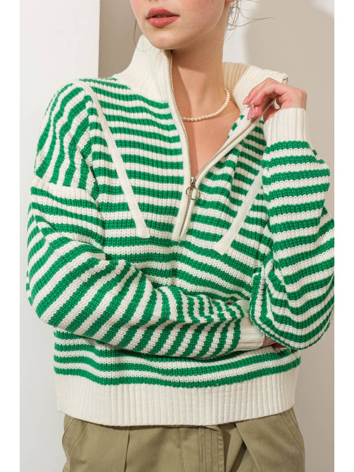 Creamon - Wholesale Knit Sweater - Women's - Preppy Californian Half-zip Striped Sweater-GREEN5