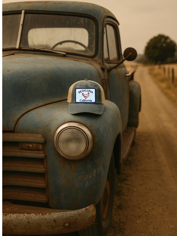 Petaluma Chicken Patch Distressed Trucker Hat, Navy Blue for wholesale by Luma Vintage
