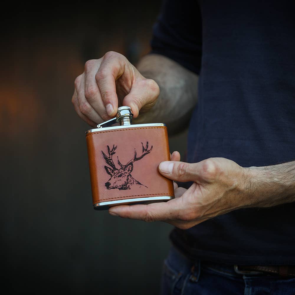 Selbrae House Ltd - Wholesale Flask - Stag Engraved Leather Wrapped Hipflask