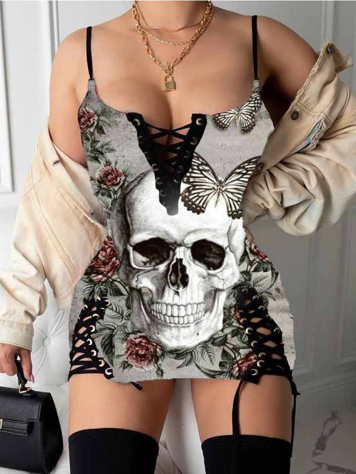 Gray Skull Printed Lace Up Cami Dress for wholesale on Faire