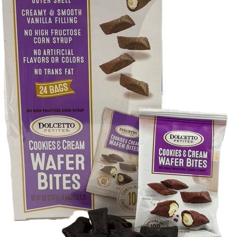 Dolcetto Cookies & Cream Wafer Bites .7oz / 4 Sleeves / 24 Ea. for wholesale by Wholesome Good