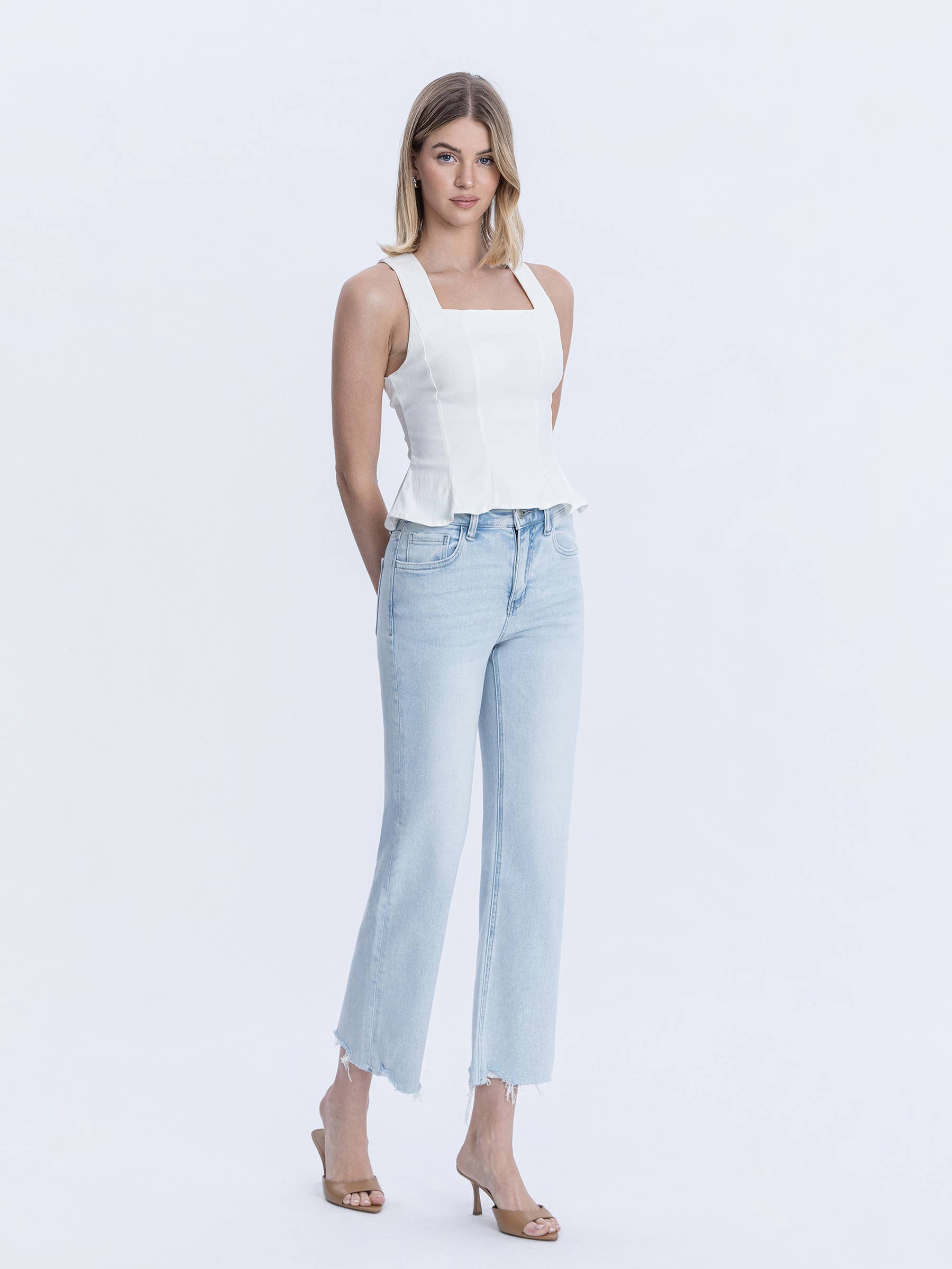 MERITORIOUS HIGH RISE LIGHT WASH SLIM WIDE JEANS T6508 for wholesale on Faire4