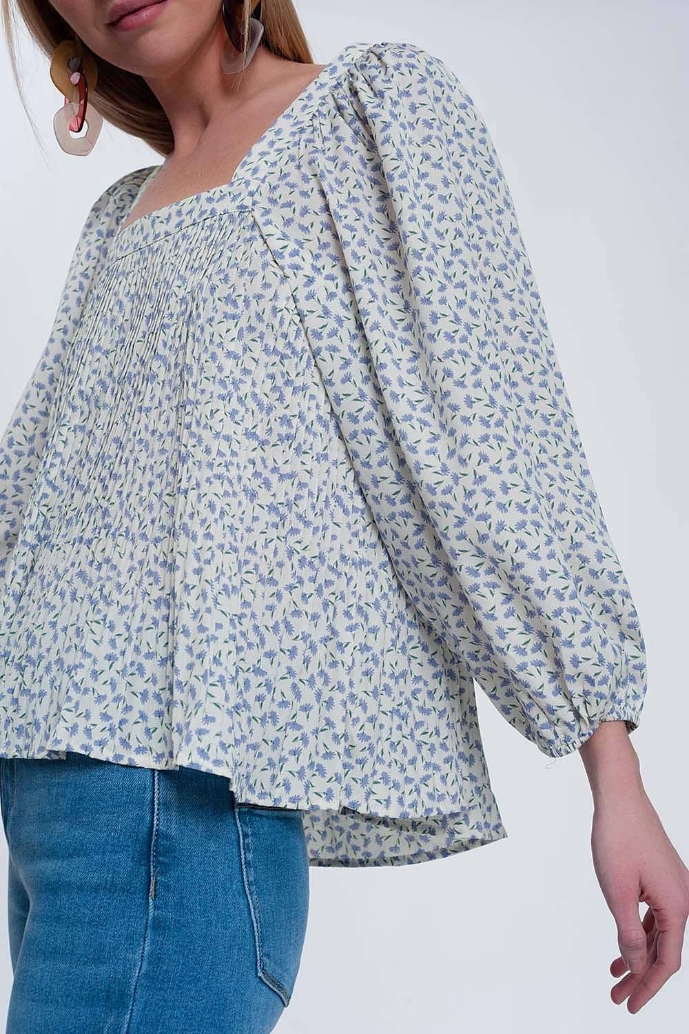 Azul Top manga puff con cuello cuadrado en estampado floral azul de venta al por mayor en Faire4