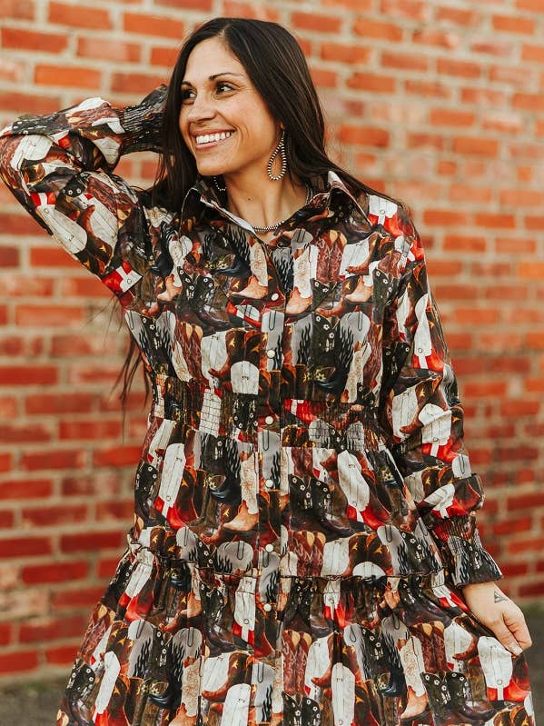 Stivali taglia forte Abito con colletto stampato e volant con bottoni per la vendita all'ingrosso da parte di LUCKY & BLESSED