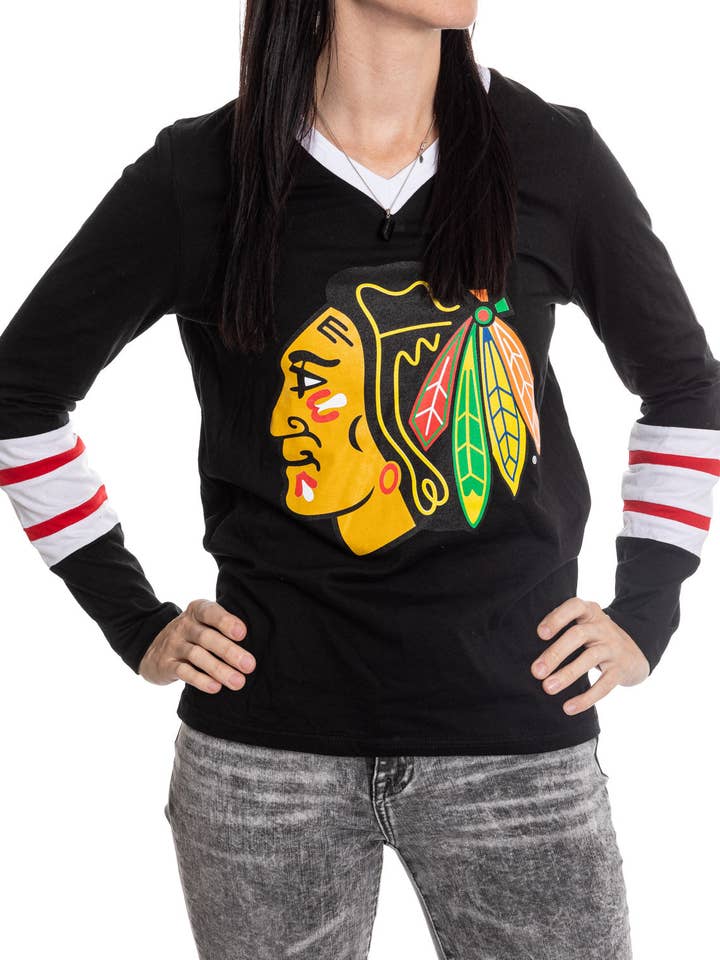 Chicago Blackhawks Women's V-Neck Varsity Long Sleeve Shirt for wholesale by Calhoun Sportswear