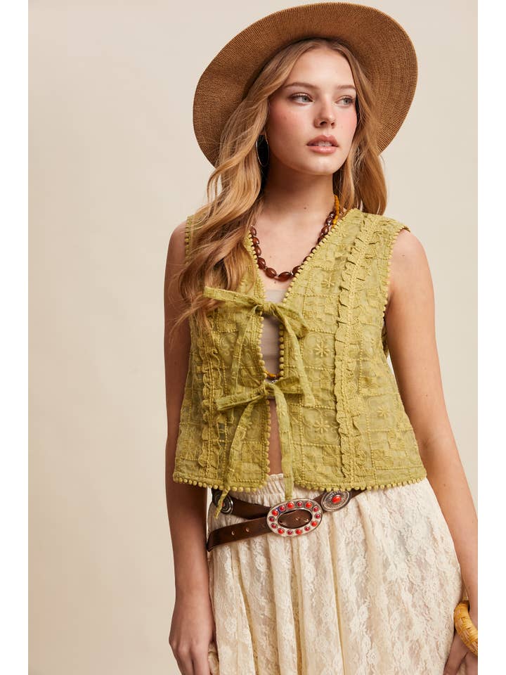 Listicle - Wholesale Outerwear Vest - Women’s - Embroidered Lace Tie-Front Vest LVT0095
